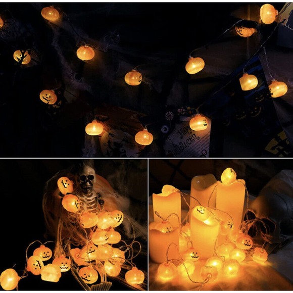 Decor Halloween Decorations Pumpkin String Lights 10ft 20 LED Lights Lot of 2 - Picture 3 of 7